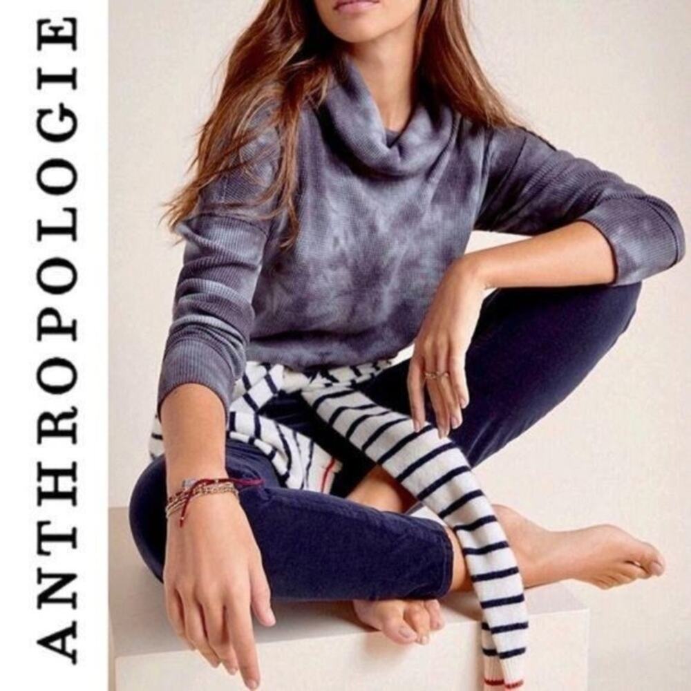 Anthro Maeve Navy Blue Tie Dye Waffle Knit Cowl Neck Thermal Top Size XS